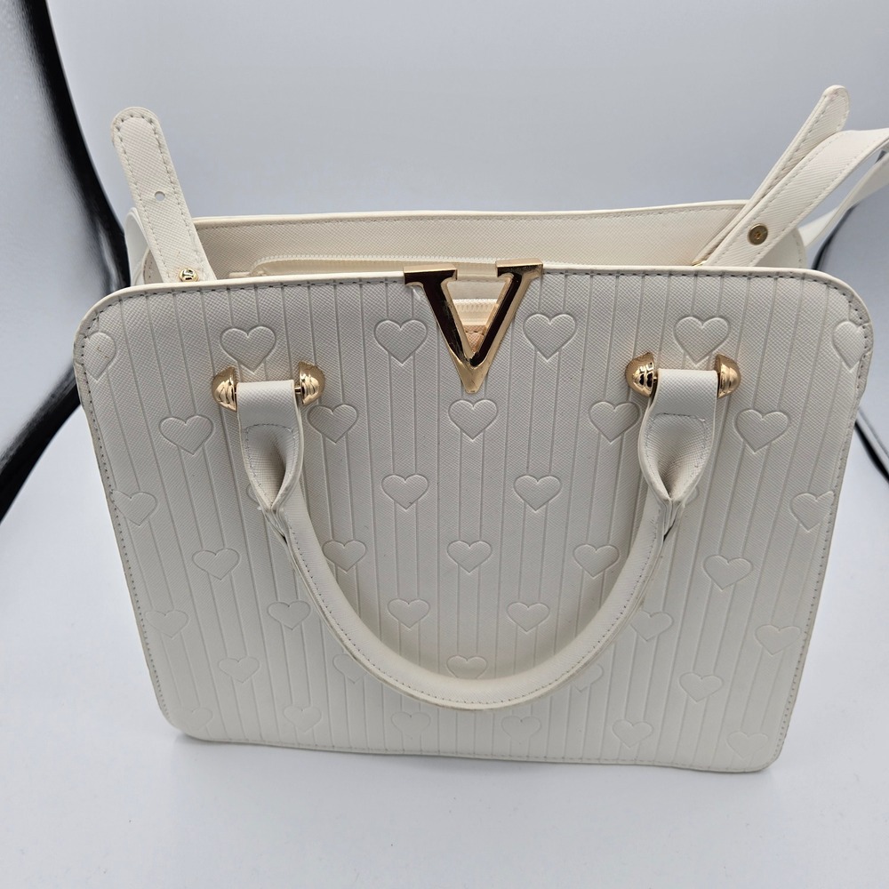 Chic White Heart Embossed Satchel Crossbody Bag Gold Accents Cute